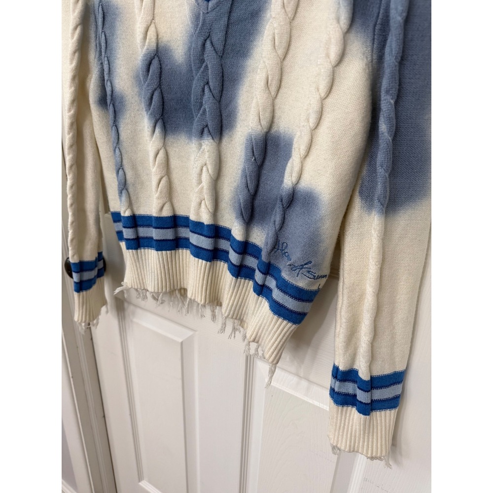 House of Sunny Varsity Cable Knit Sweater Blue Cream Distressed V-Neck XS - Picture 4 of 9